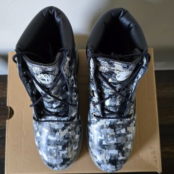 NIB Timberland Black White & Gray Camo Patterned Leather 6" Lug Sole Boots - Picture 8 of 16